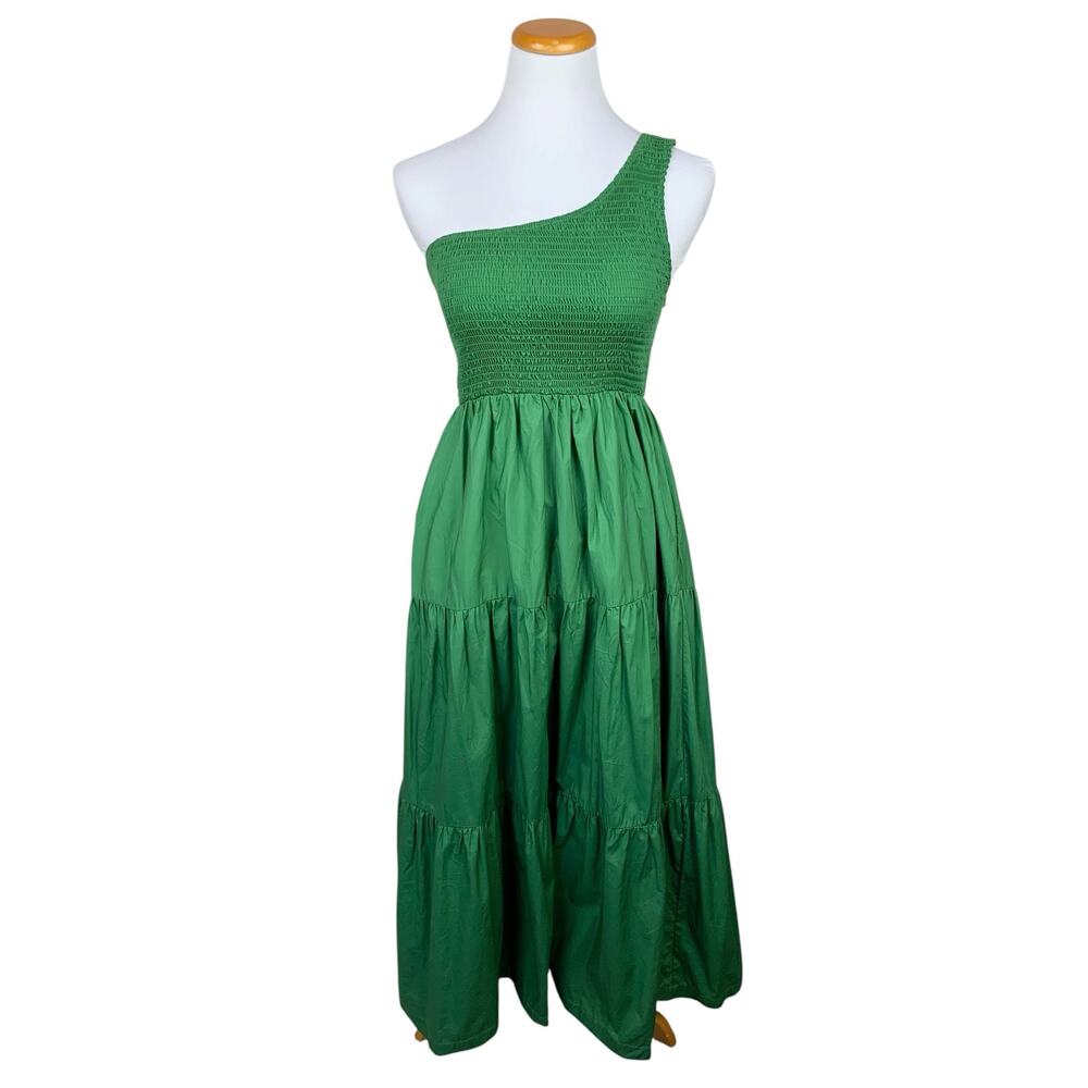 O.P.T. One Shoulder Milada Midi Dress Green Cotton Smocked Pockets Women's M